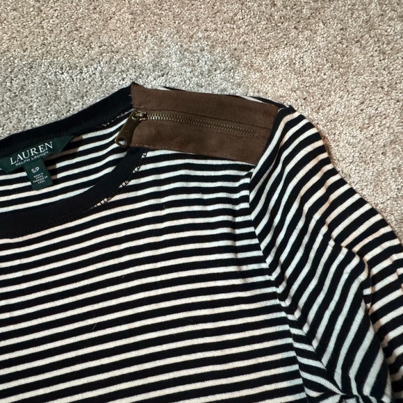 Lauren Ralph Lauren Striped Elbow Patch Top Black White Zip Shoulder - Picture 4 of 5